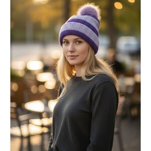 Cozy Lavender Striped Beanie with Pom-Pom